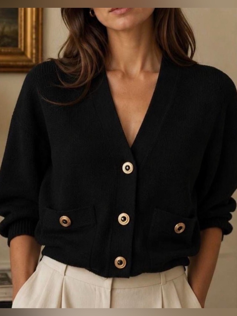 St. John Black Short-Sleeve Cropped Cardigan with Gold Buttons